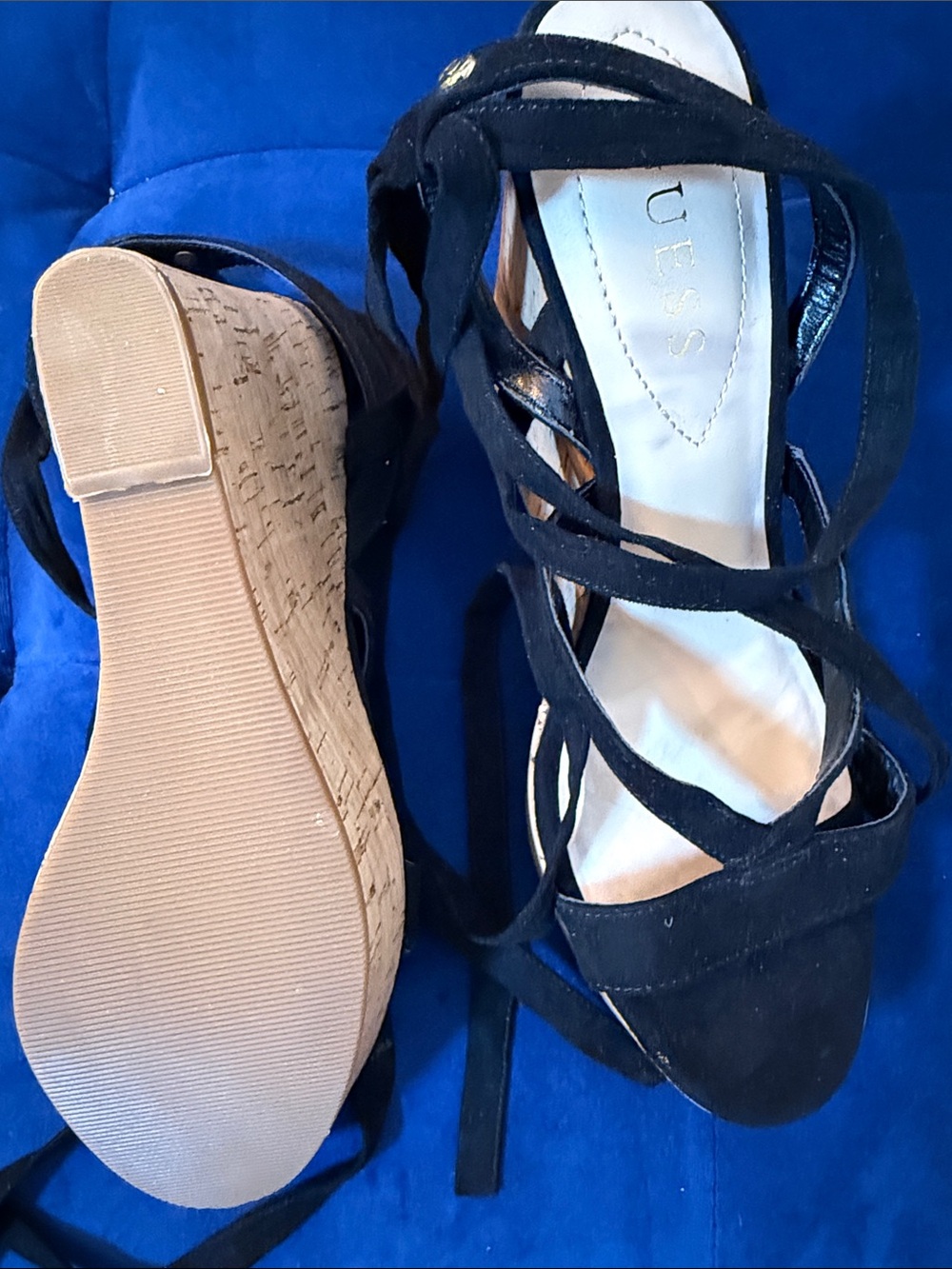 GUESS Black Suede Lace-Up Cork Wedge Sandals